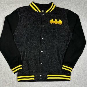 Batman Jacket Mens Large Black Gray Varsity Bomber‎ Snap Button Embroidered Logo